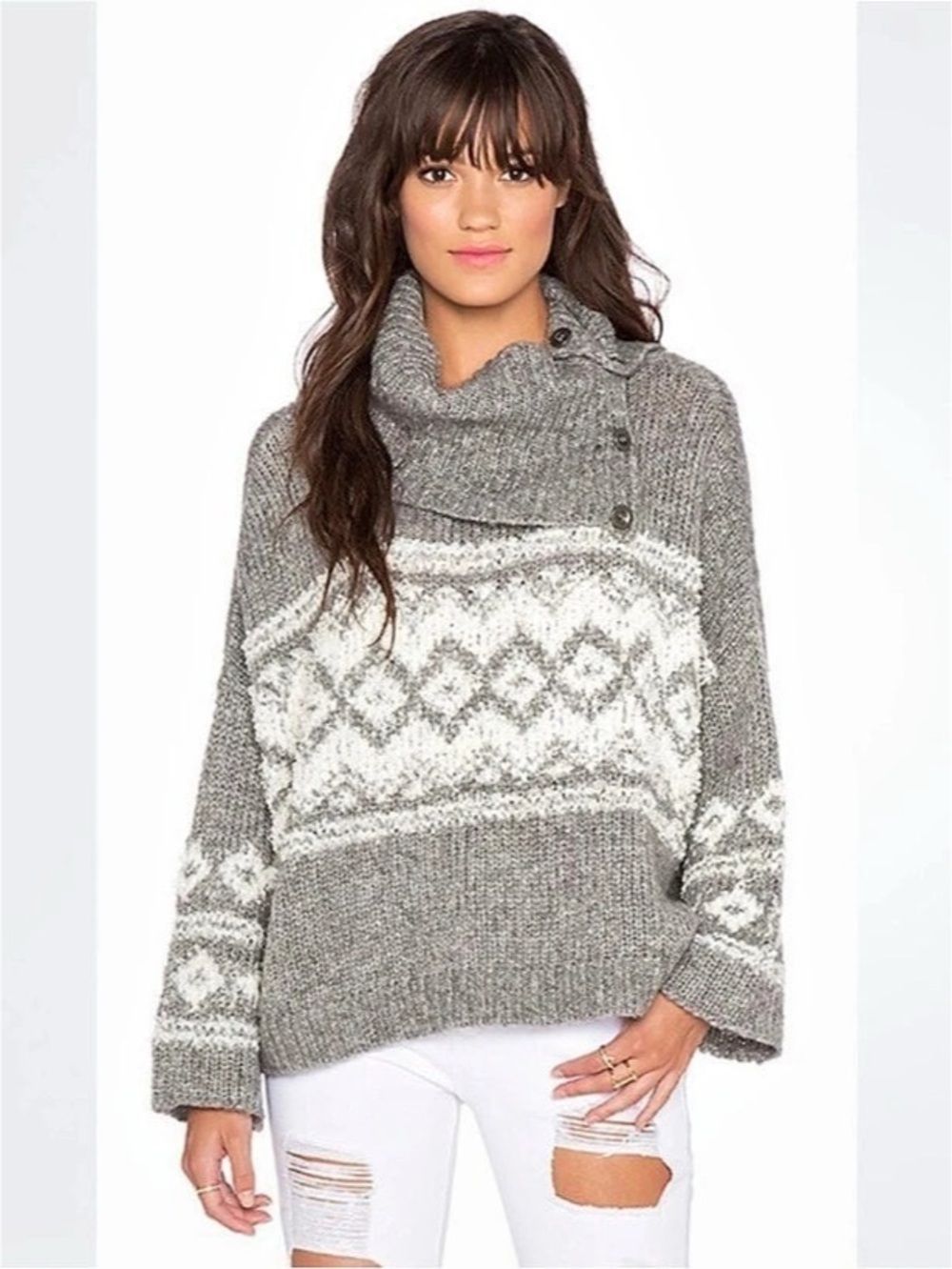 Free People Ragnar Fair Isle Split Cowl Neck Sweater Gray & White XS